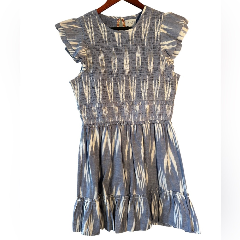 SAYLOR Zinnia Indigo Blue Ruffle Ikat Mini Dress NWOT - Picture 4 of 12